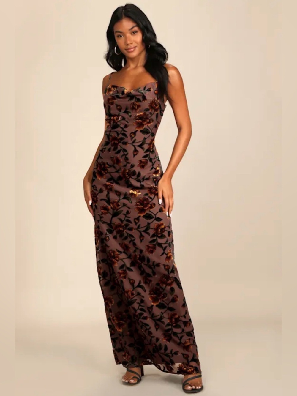 Romance in the Making Plum Purple Floral Print Velvet Maxi Dress Style 1561596 - Picture 1 of 7